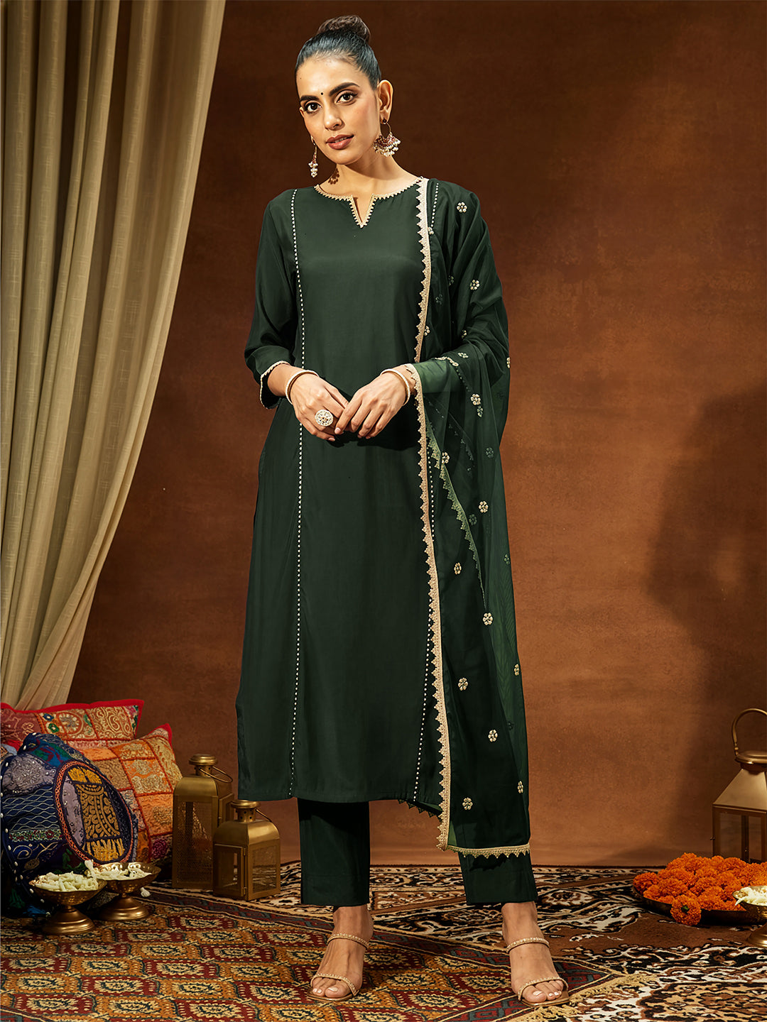 Janasya Women's Bottle Green Chanderi Silk Embellished Straight Kurta Set