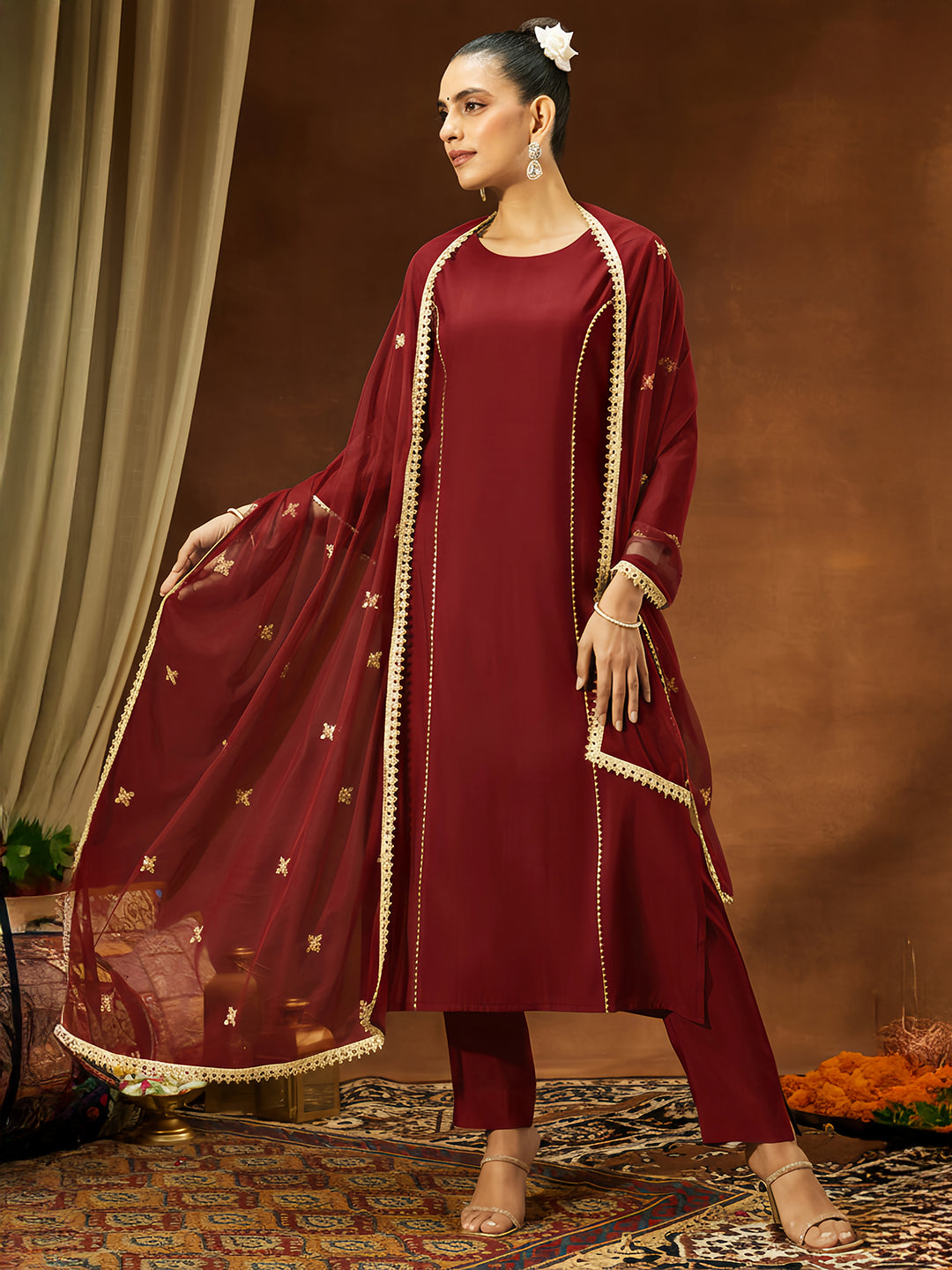 Janasya Women's Maroon Chanderi Silk Embellished Straight Kurta Set