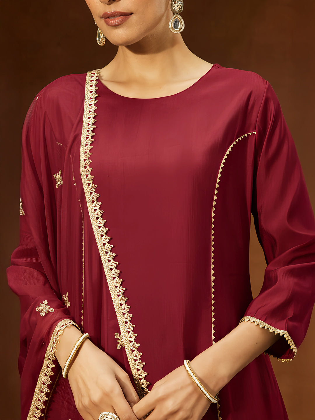 Janasya Women's Maroon Chanderi Silk Embellished Straight Kurta Set