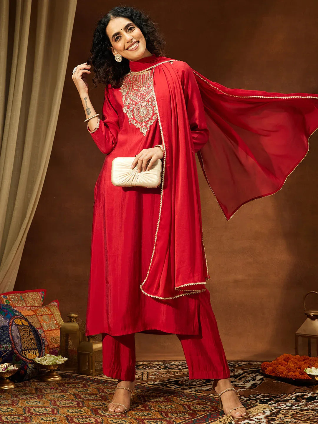 Janasya Women's Maroon Chanderi Silk Zari Yoke Embroidered Straight Kurta Set