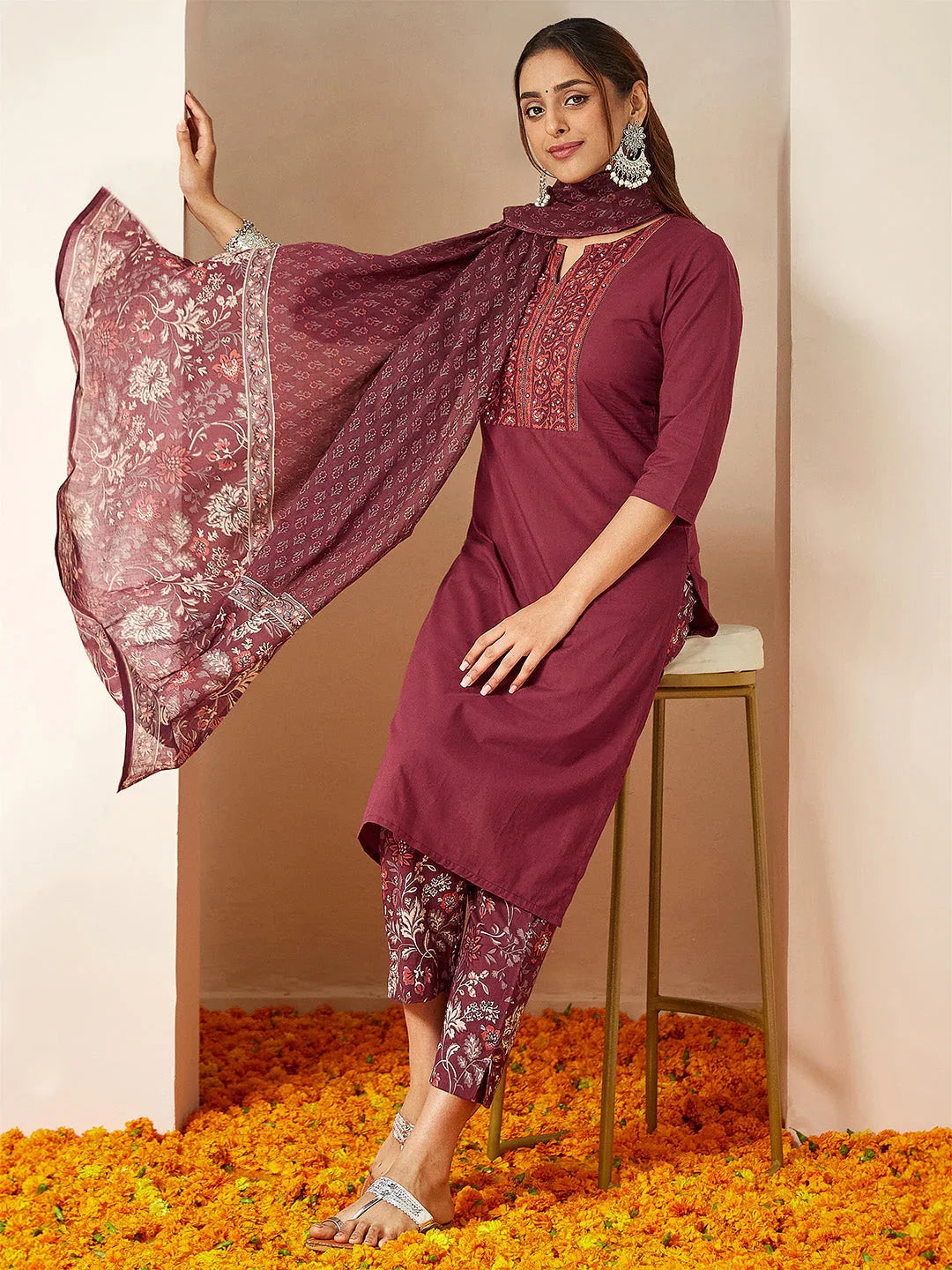 Janasya Women's Burgundy Pure Cotton Embellished Straight Kurta Set