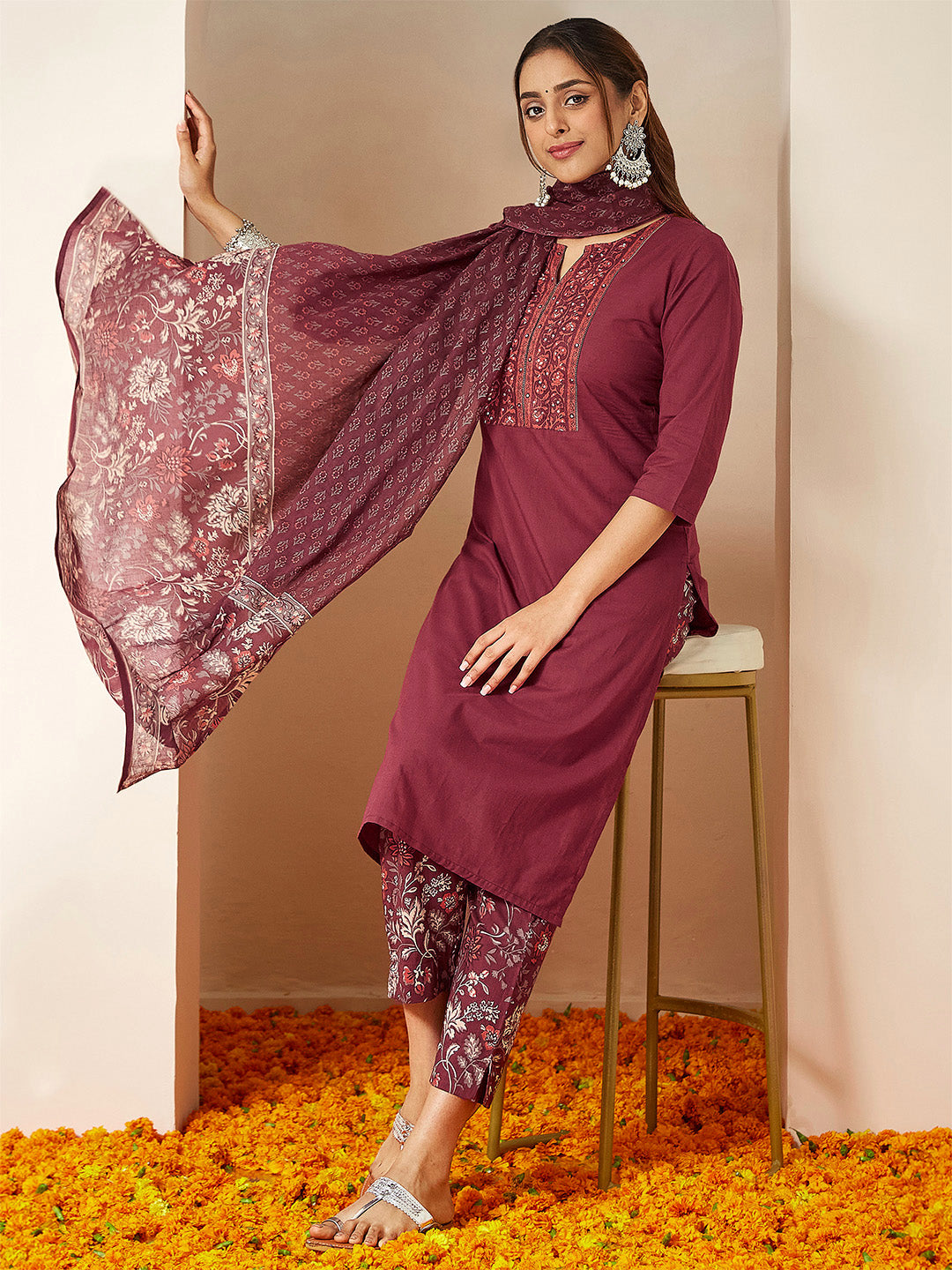 Janasya Women's Burgundy Pure Cotton Embellished Straight Kurta Set - qivii