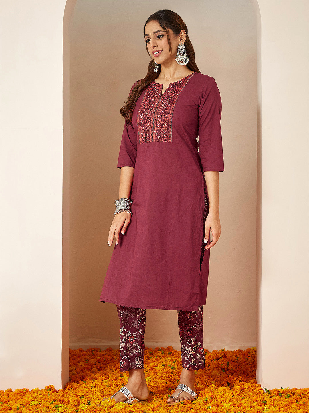 Janasya Women's Burgundy Pure Cotton Embellished Straight Kurta Set - qivii