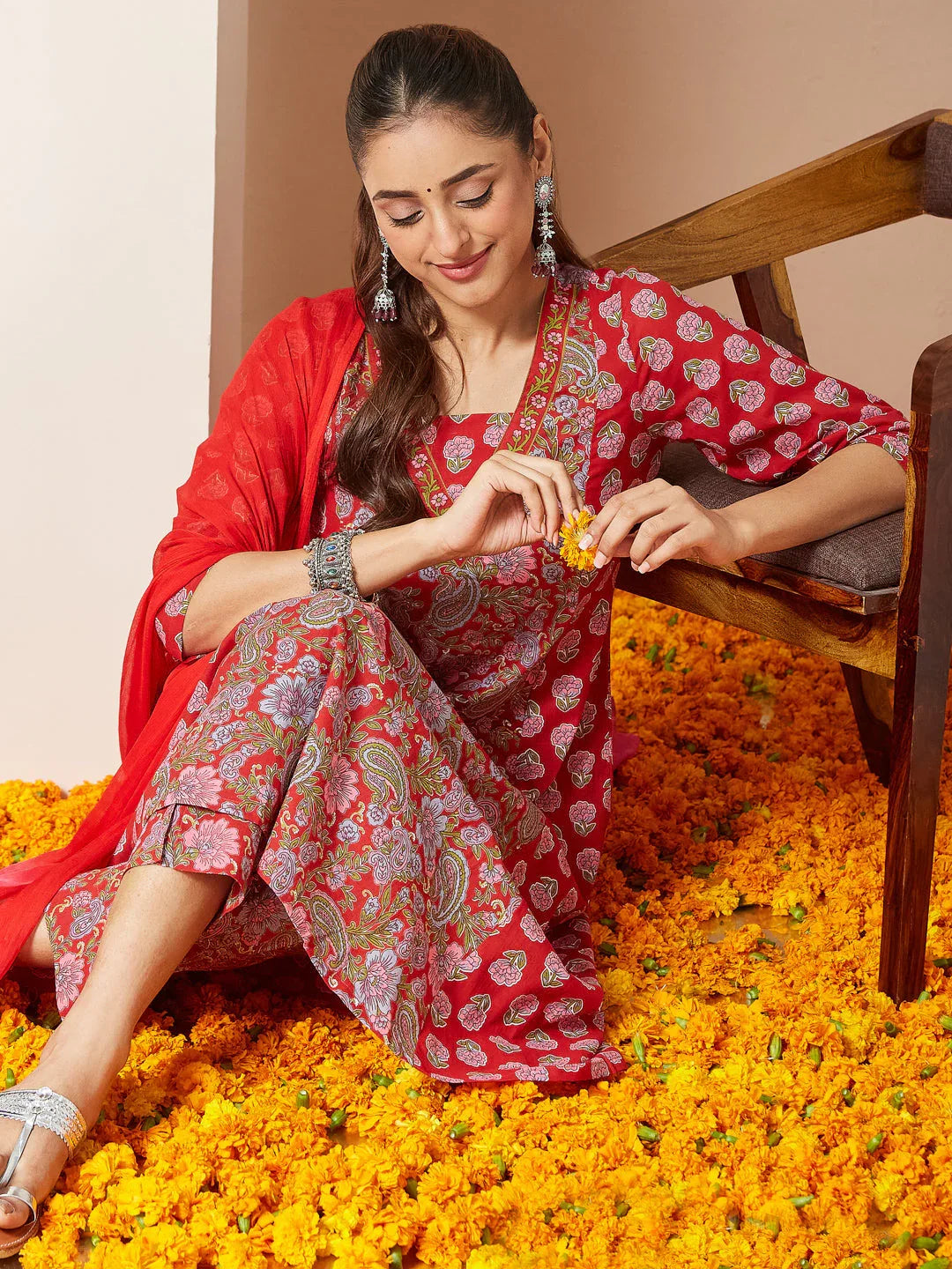 Janasya Women's Red Pure Cotton Floral Printed A-line Kurta Set