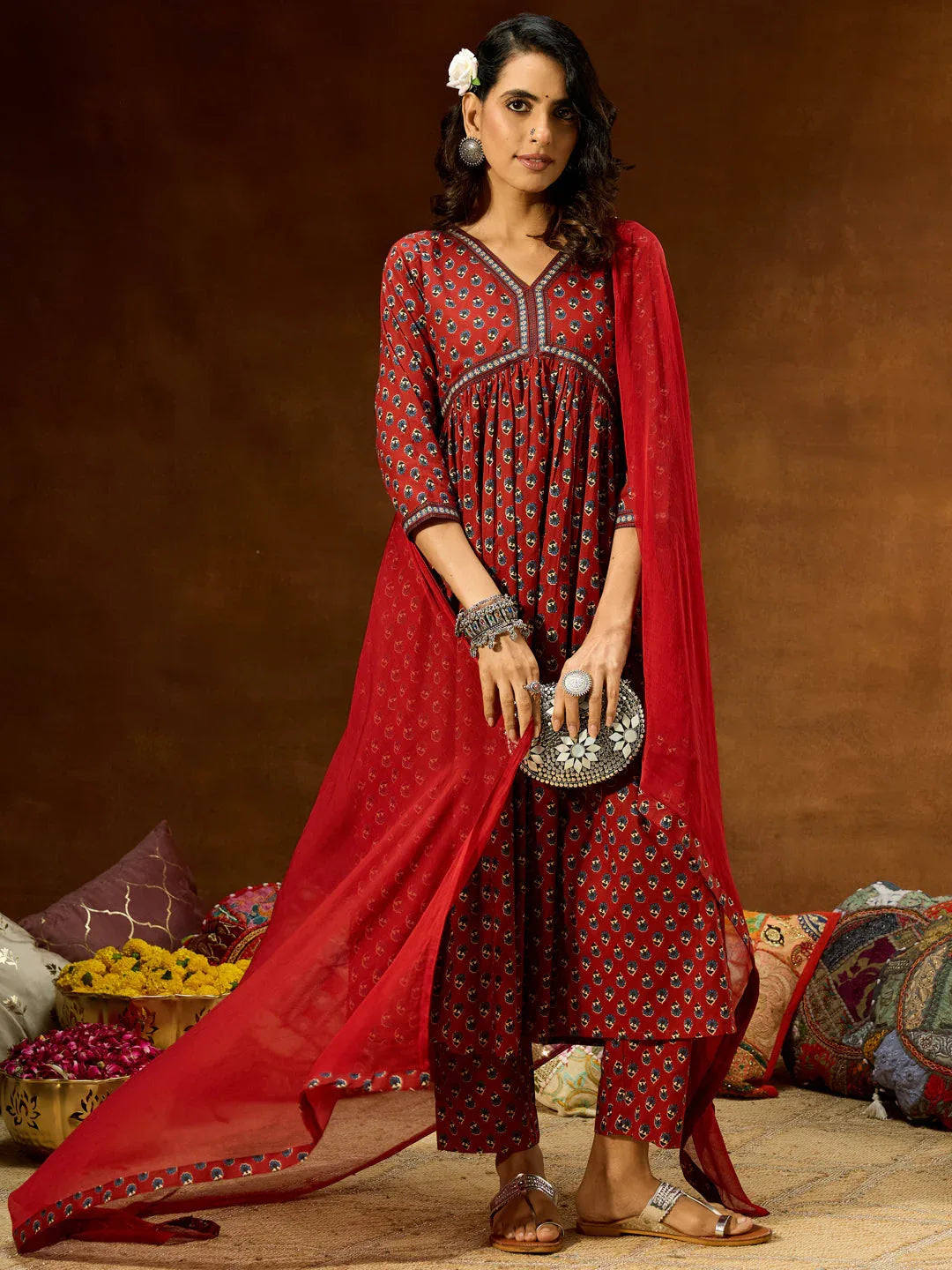 Janasya Women's Maroon Pure Cotton Floral Printed A-line Kurta Set