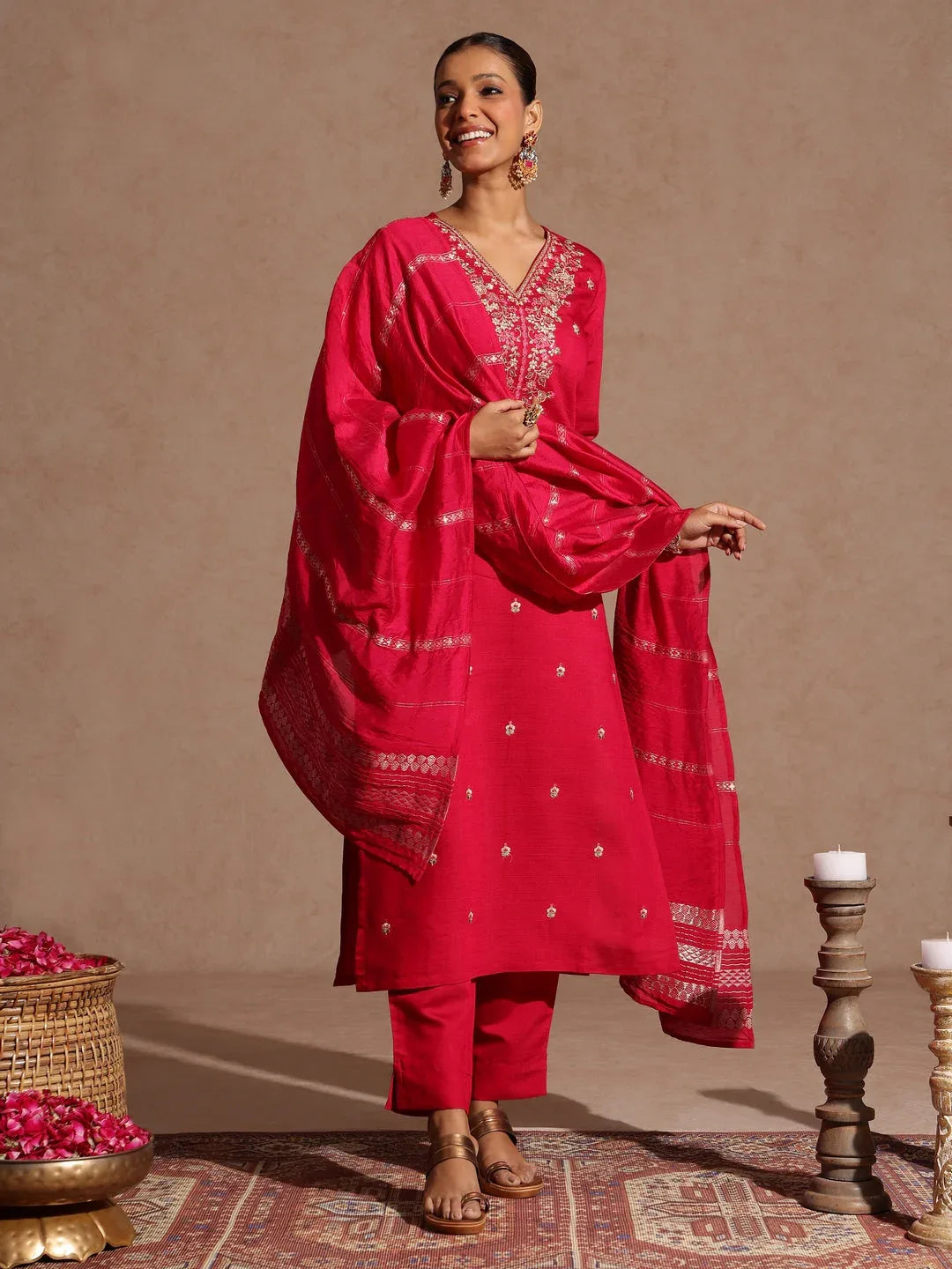 Janasya Women's Pink Silk Blend Embroidered Straight Kurta Set
