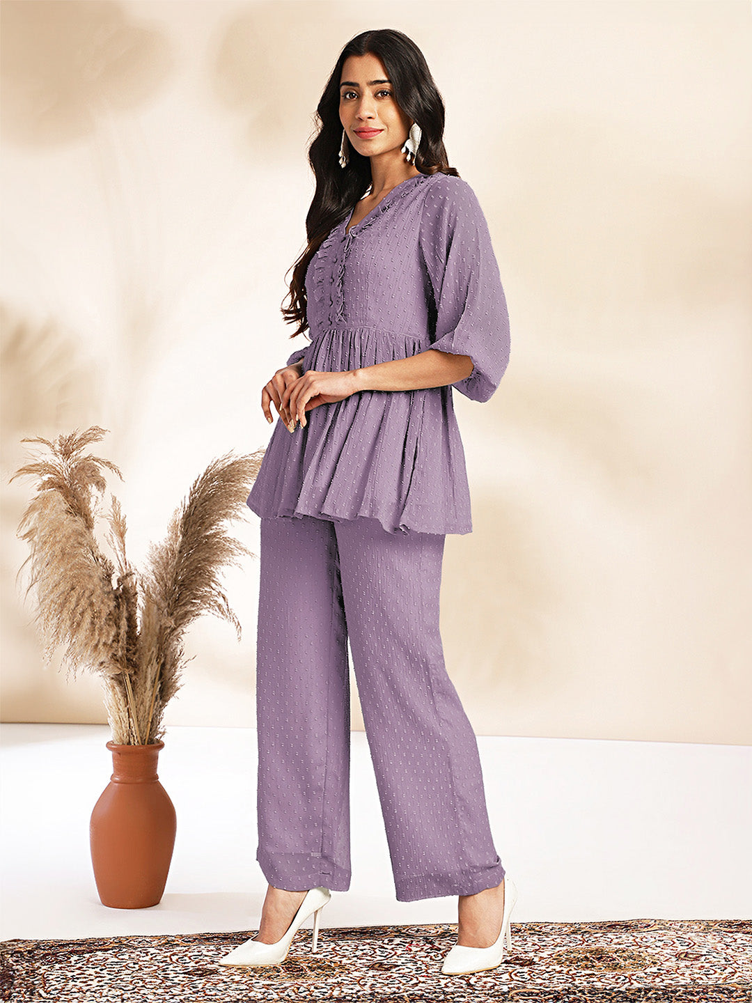 Janasya Women's Lavender Dobby Chiffon Self Design Peplum Co-Ord Set