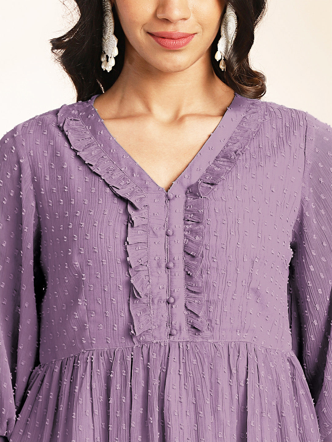Janasya Women's Lavender Dobby Chiffon Self Design Peplum Co-Ord Set