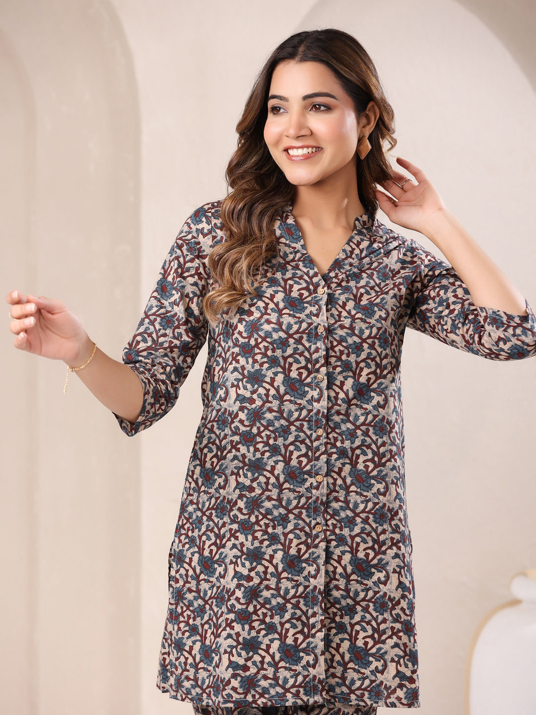 Beige Pure Cotton Floral Printed Straight Co-ord Set - qivii