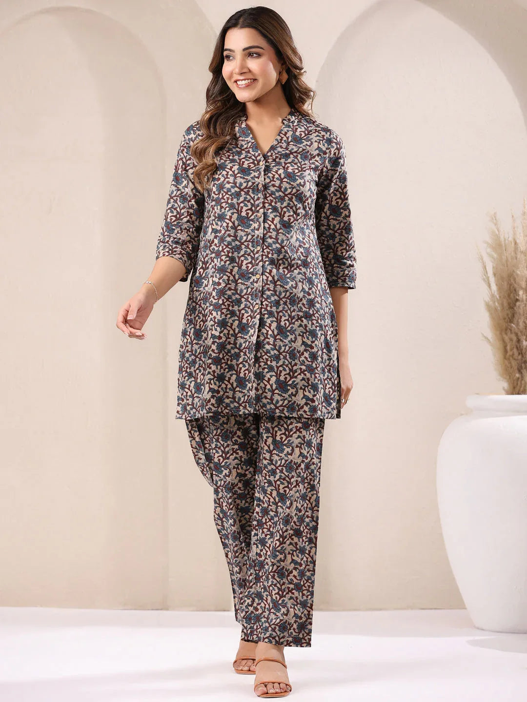Beige Pure Cotton Floral Printed Straight Co-ord Set