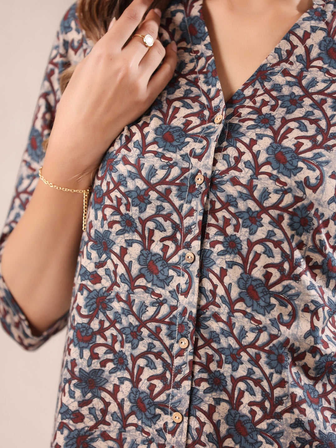 Beige Pure Cotton Floral Printed Straight Co-ord Set - qivii