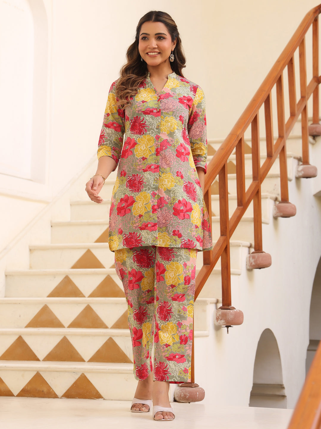 Multicolor Pure Cotton Floral Printed Straight Co-ord Set - qivii
