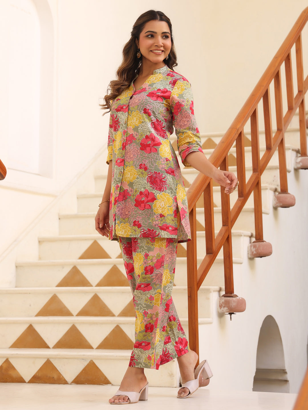 Multicolor Pure Cotton Floral Printed Straight Co-ord Set - qivii