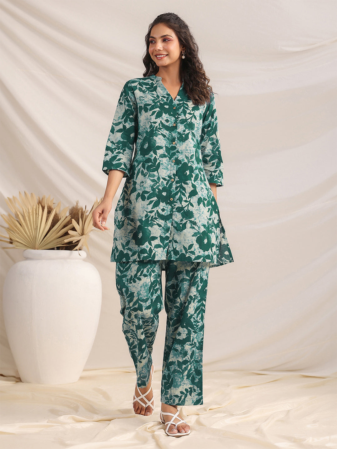 Green Pure Cotton Floral Printed A-line Co-ord Set - qivii