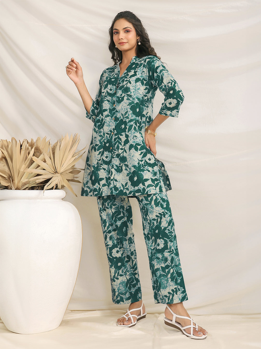 Green Pure Cotton Floral Printed A-line Co-ord Set - qivii
