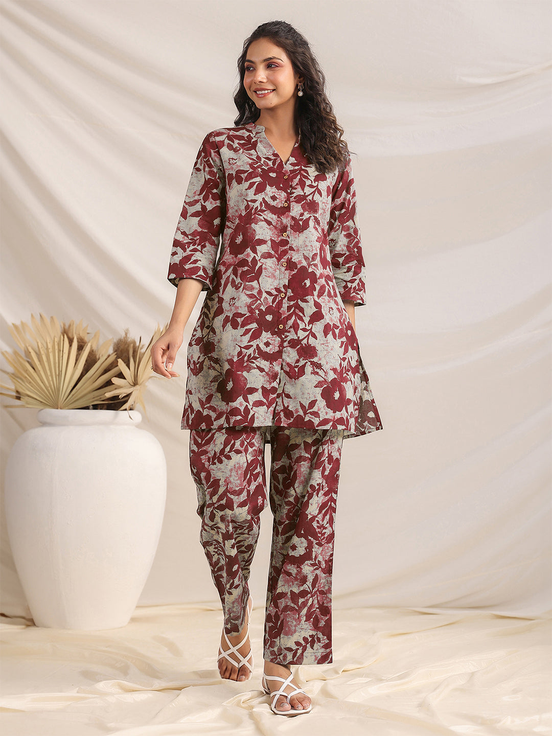 Maroon Pure Cotton Floral Printed Straight Co-ord Set - qivii