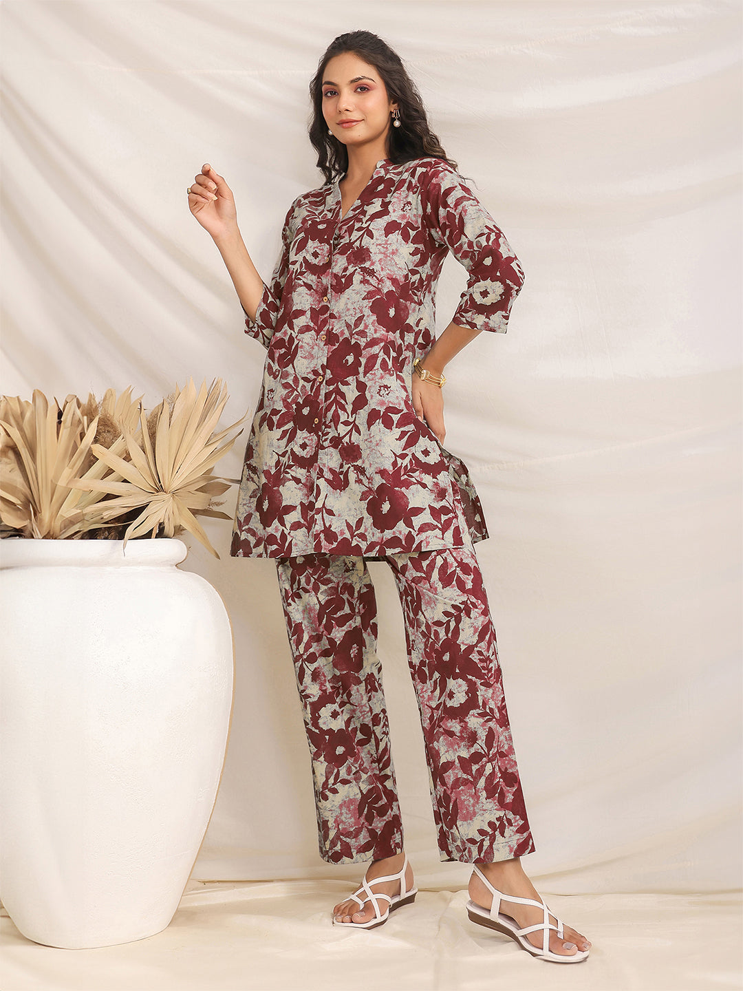 Maroon Pure Cotton Floral Printed Straight Co-ord Set - qivii