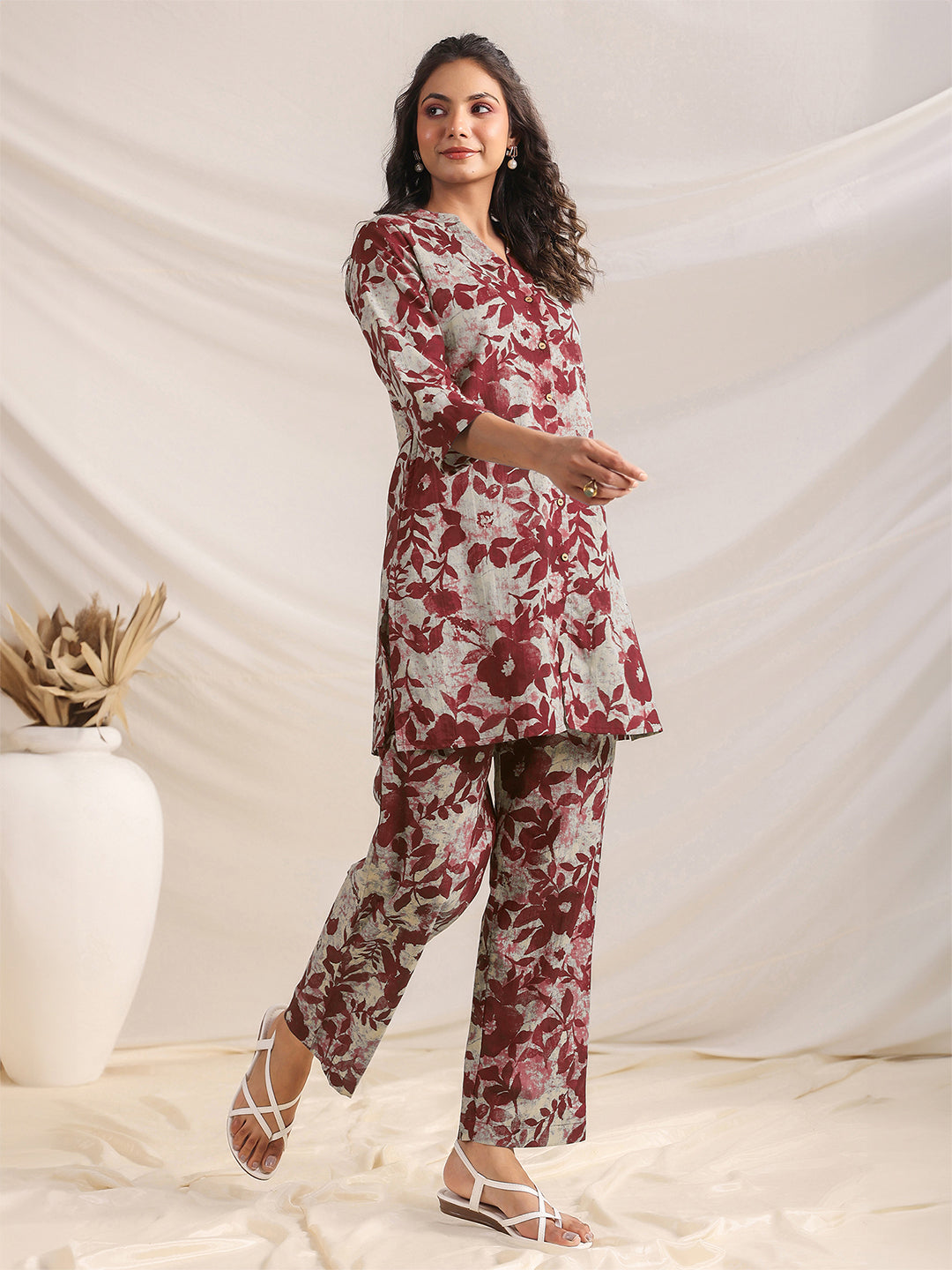 Maroon Pure Cotton Floral Printed Straight Co-ord Set - qivii