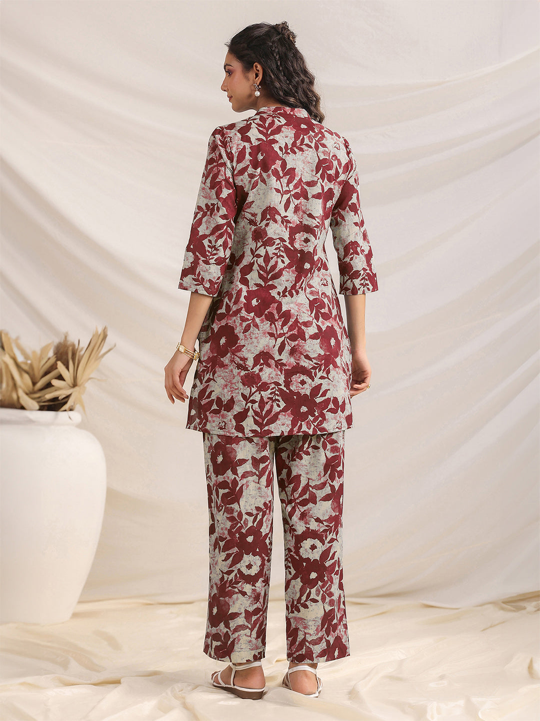 Maroon Pure Cotton Floral Printed Straight Co-ord Set - qivii