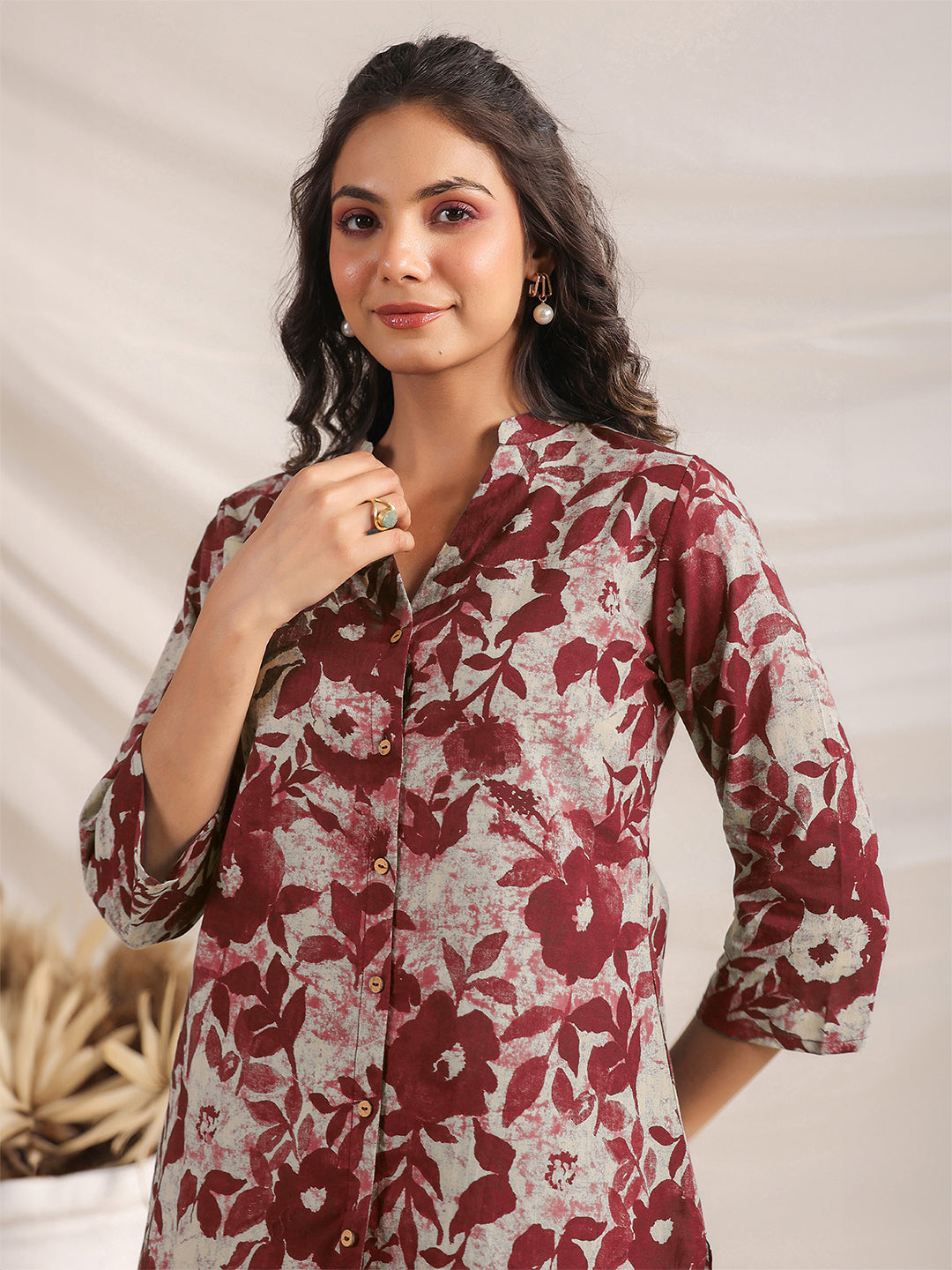 Maroon Pure Cotton Floral Printed Straight Co-ord Set - qivii