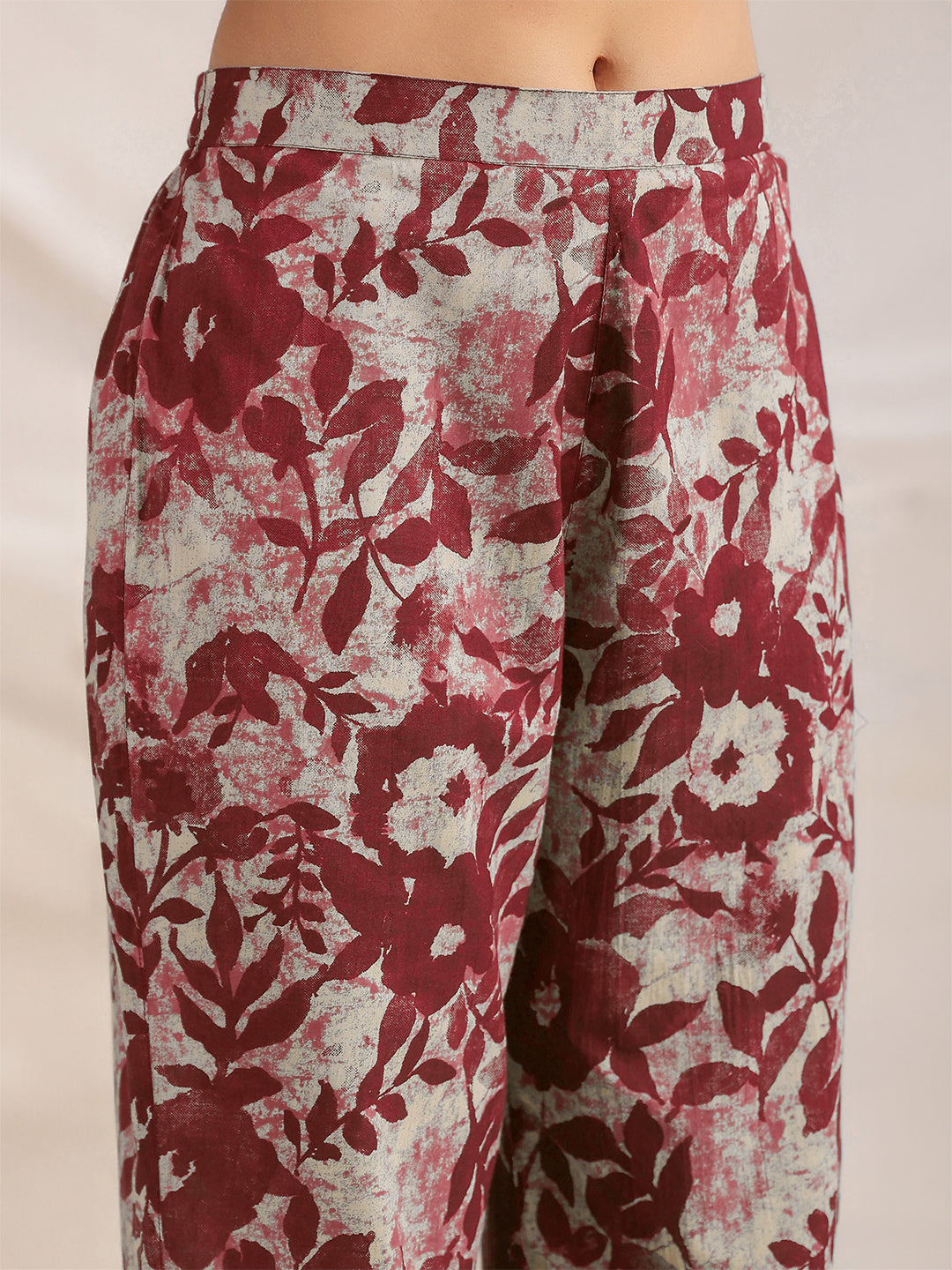 Maroon Pure Cotton Floral Printed Straight Co-ord Set - qivii