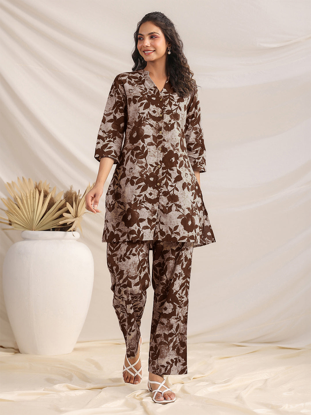 Brown Pure Cotton Floral Printed Straight Co-ord Set - qivii