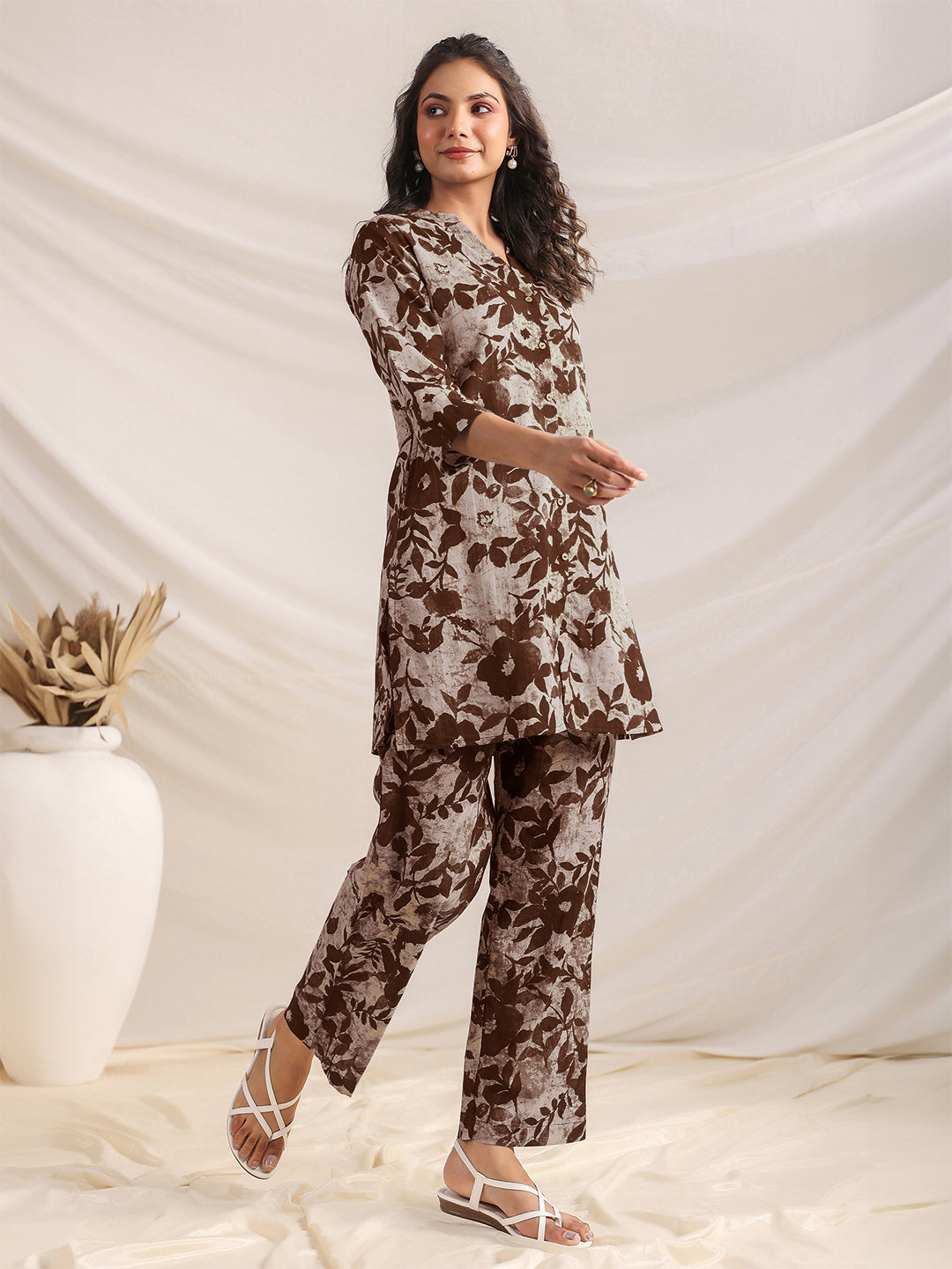 Brown Pure Cotton Floral Printed Straight Co-ord Set - qivii
