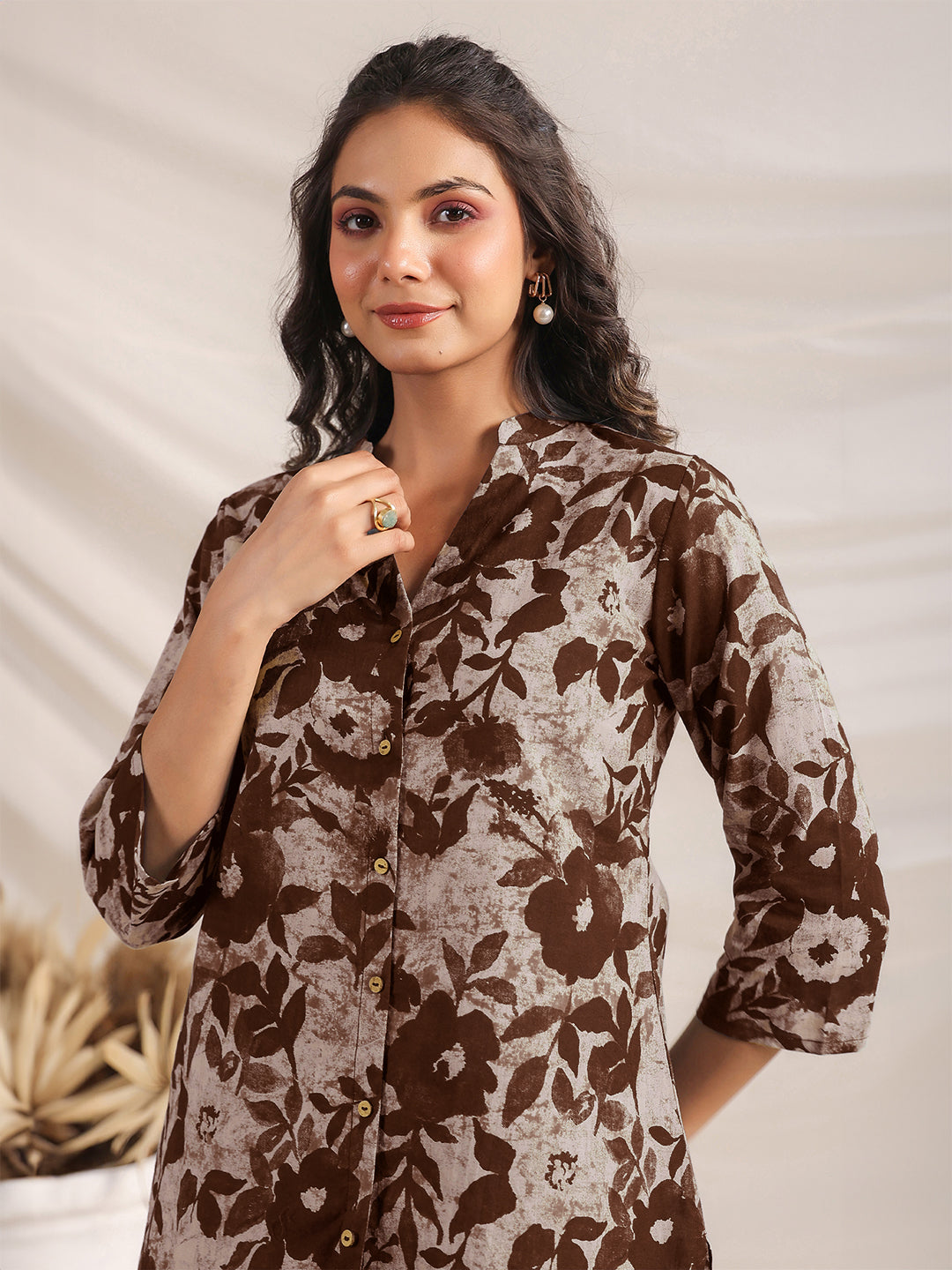 Brown Pure Cotton Floral Printed Straight Co-ord Set - qivii