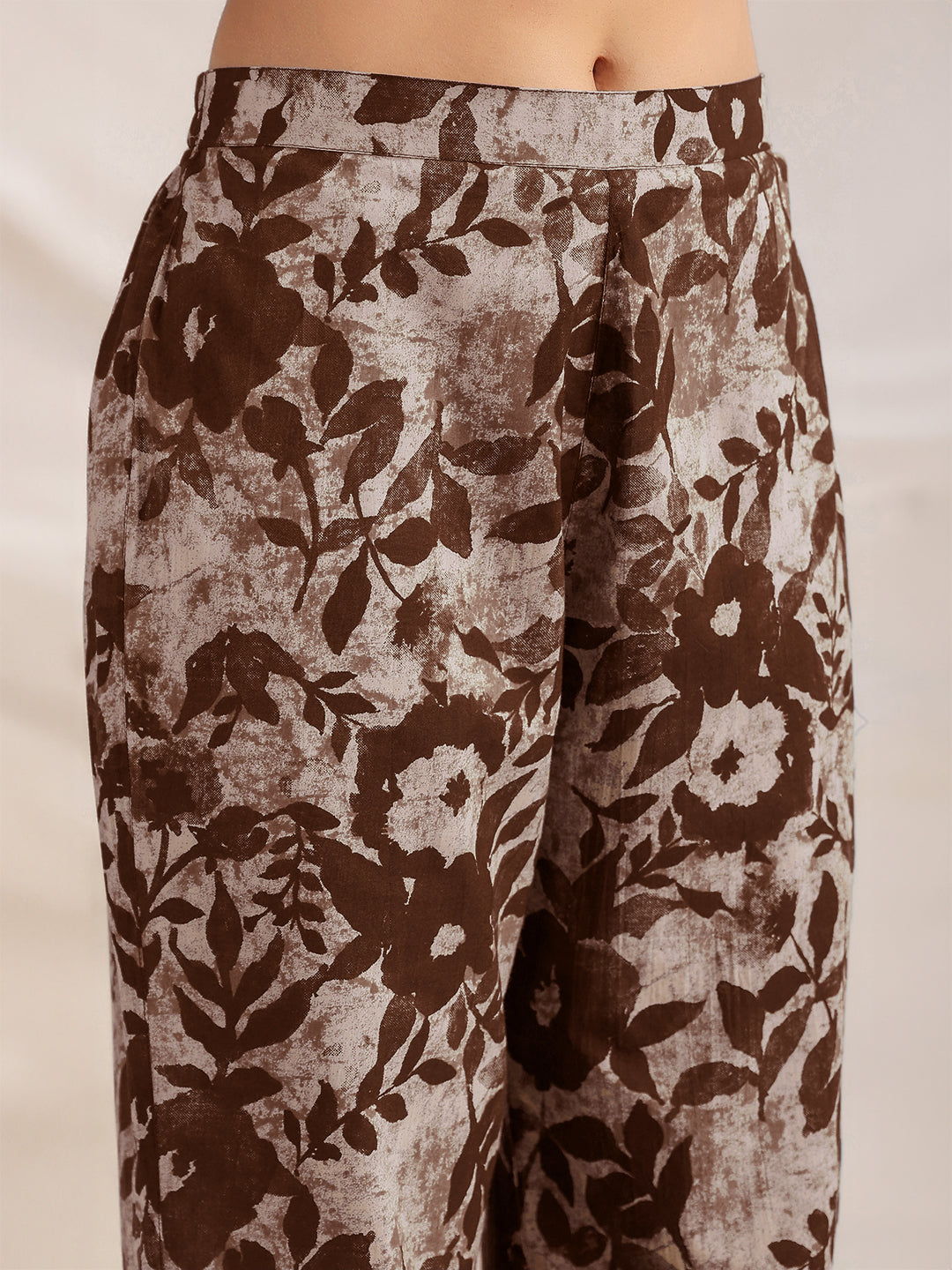 Brown Pure Cotton Floral Printed Straight Co-ord Set - qivii