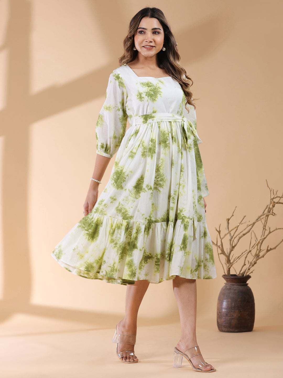 White & Green Pure Cotton Tie & Dye Tiered Dress - qivii