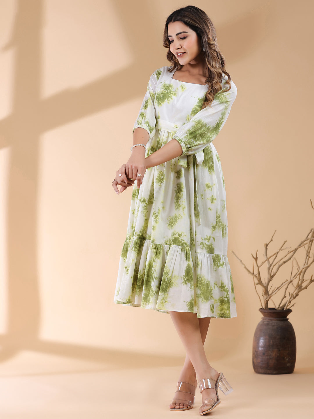 White & Green Pure Cotton Tie & Dye Tiered Dress - qivii