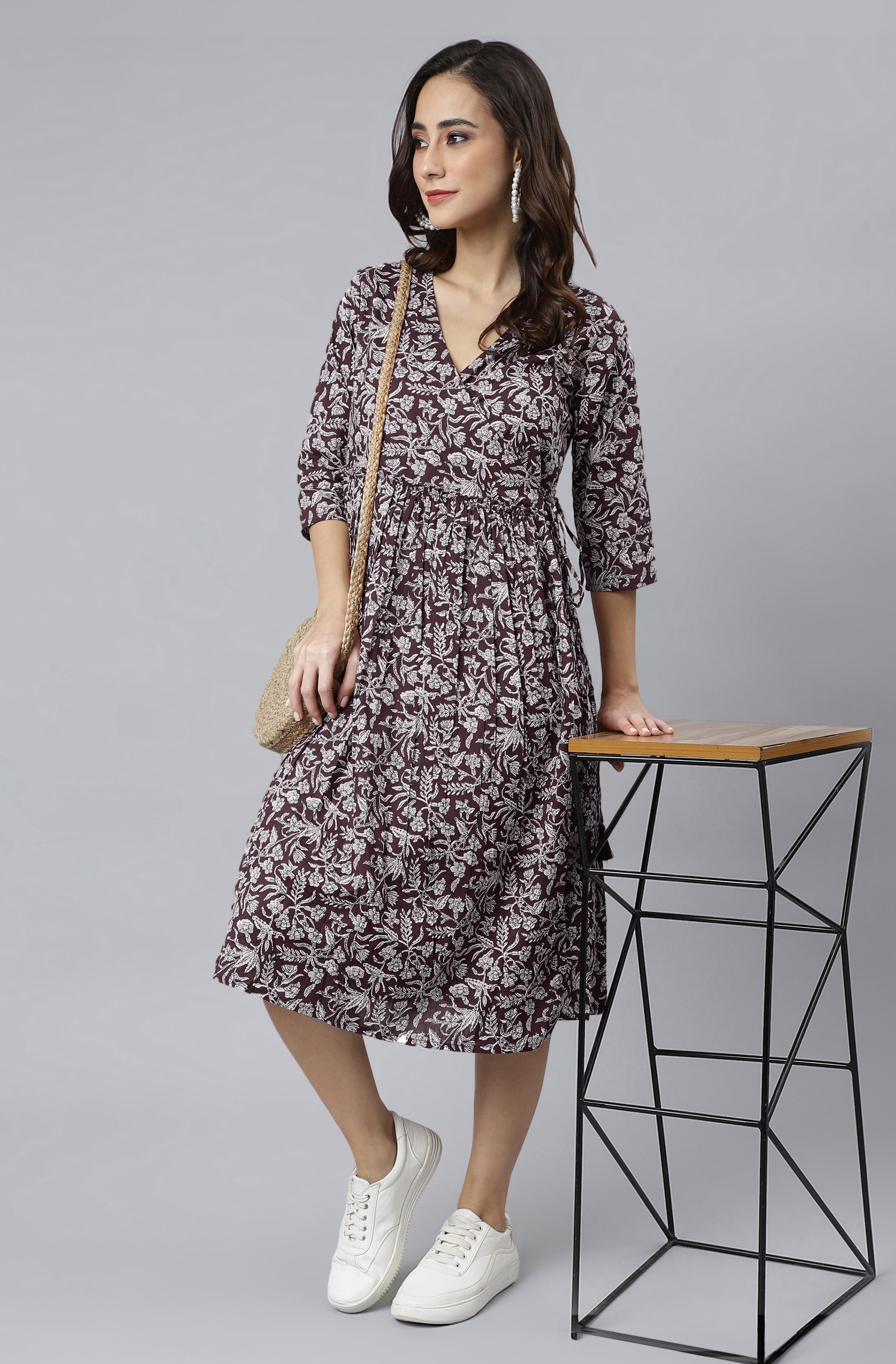 Wine Pure Cotton Floral Printed Angrakha Dress - qivii