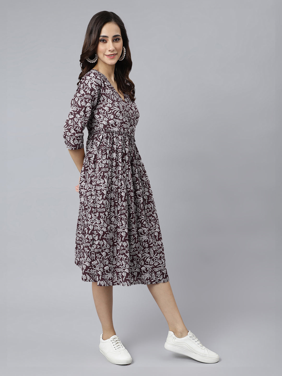 Wine Pure Cotton Floral Printed Angrakha Dress - qivii