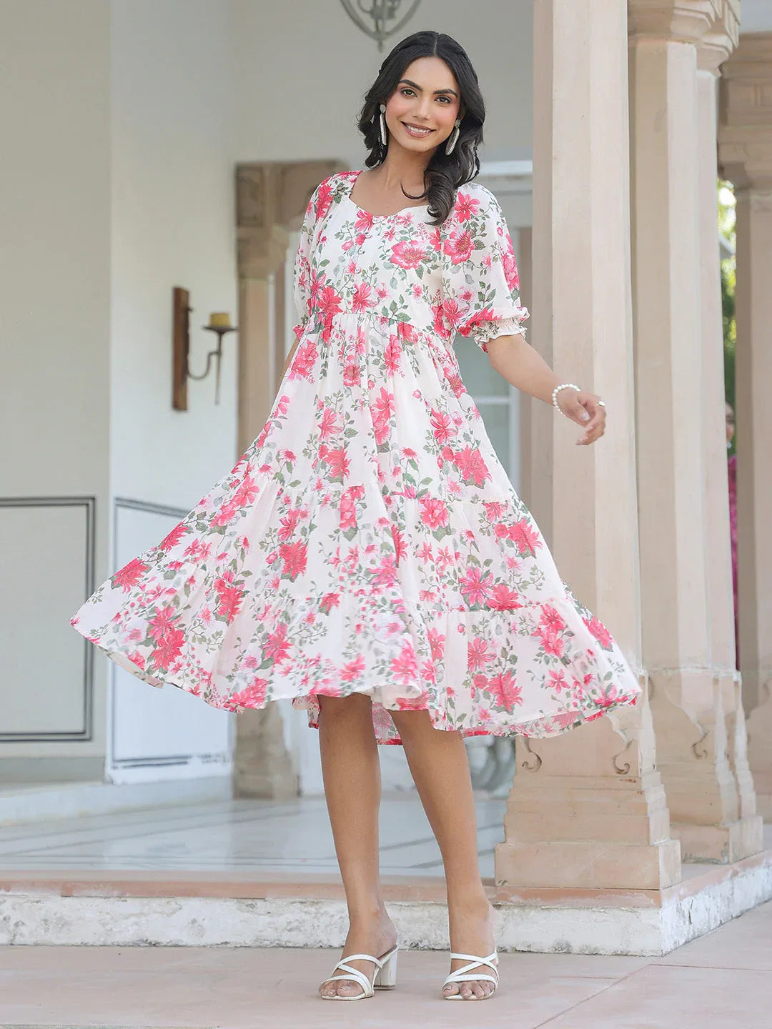 Cream Georgette Floral Printed Tiered Dress