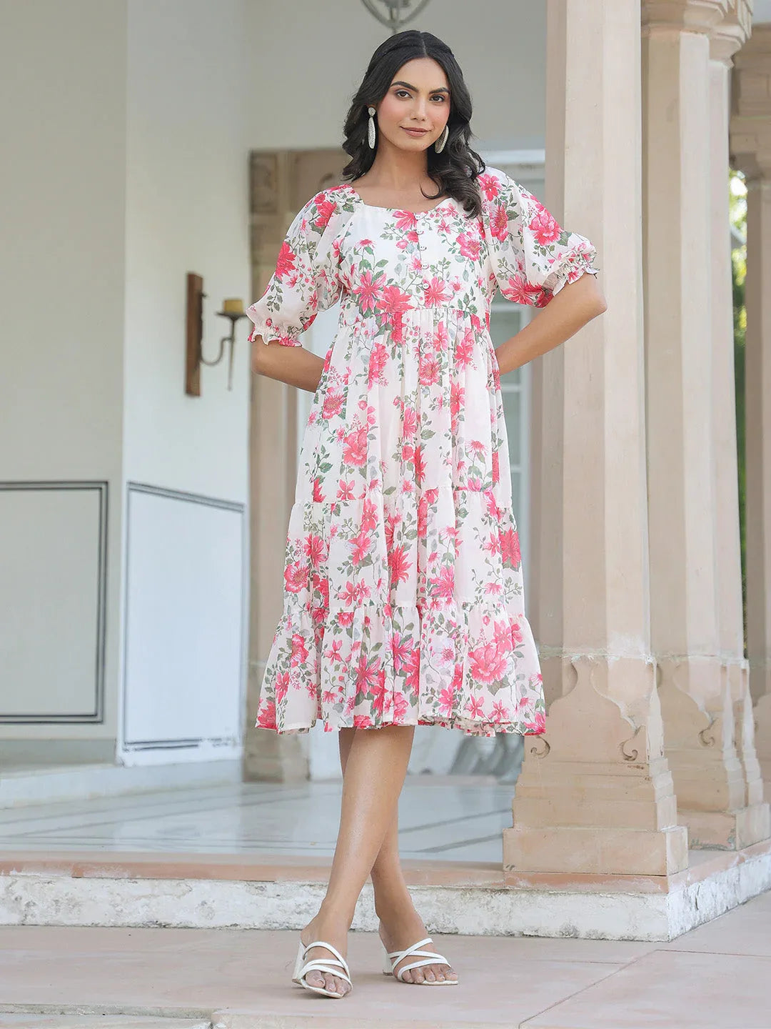 Cream Georgette Floral Printed Tiered Dress