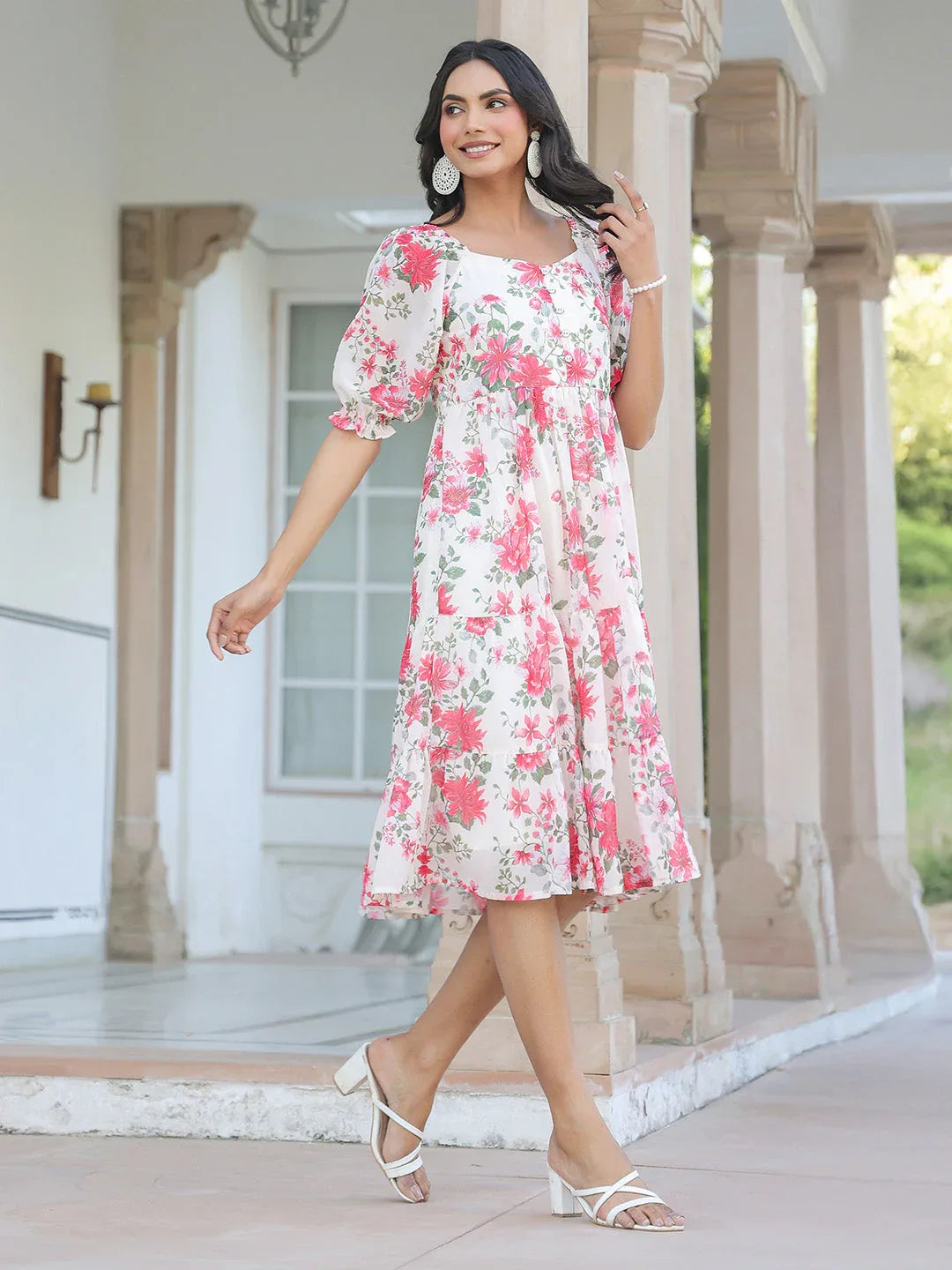 Cream Georgette Floral Printed Tiered Dress