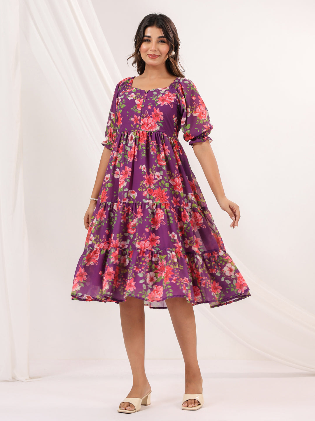 Janasya Women's Purple Georgette Floral Printed Tiered Dress - qivii