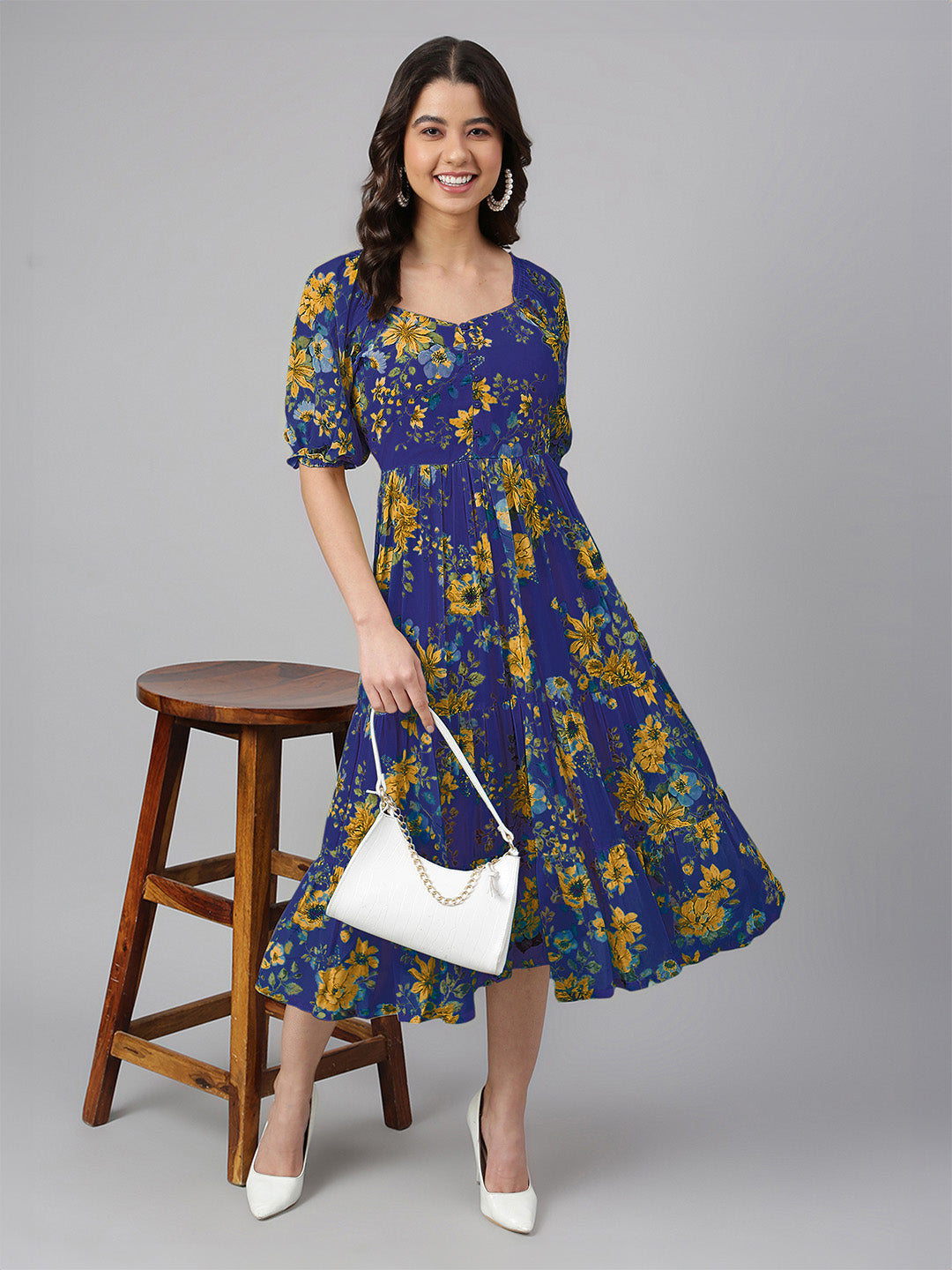 Blue Georgette Floral Printed Tiered Dress - qivii
