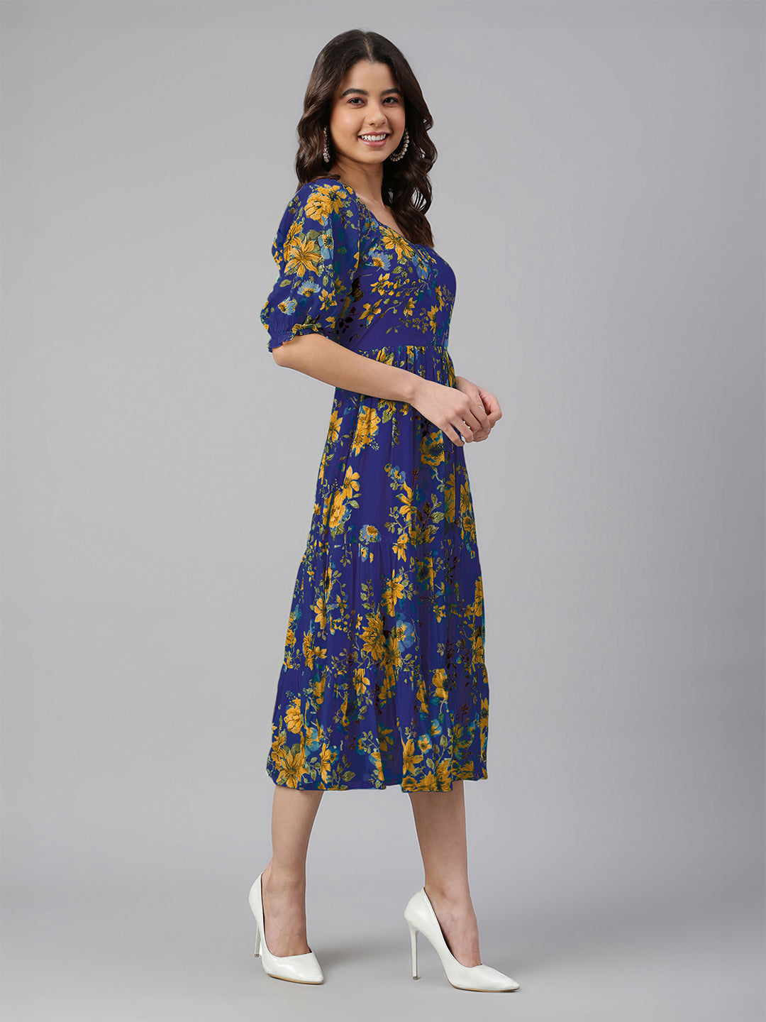 Blue Georgette Floral Printed Tiered Dress - qivii