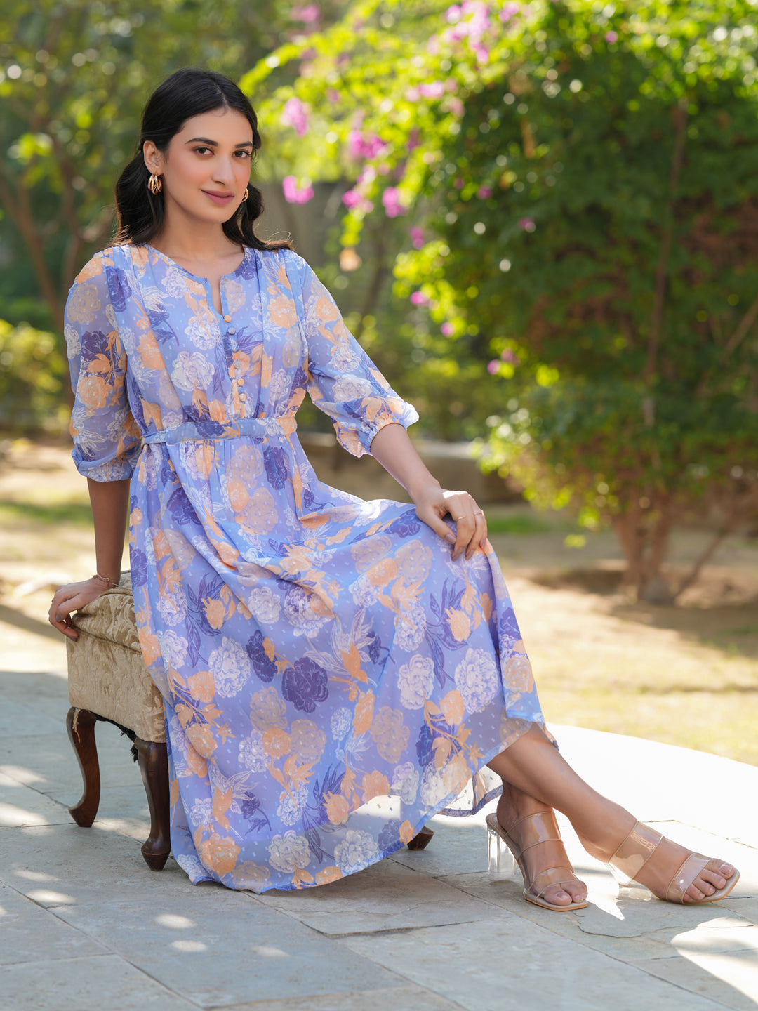Lavender Georgette Floral Printed A-Line Dress - qivii