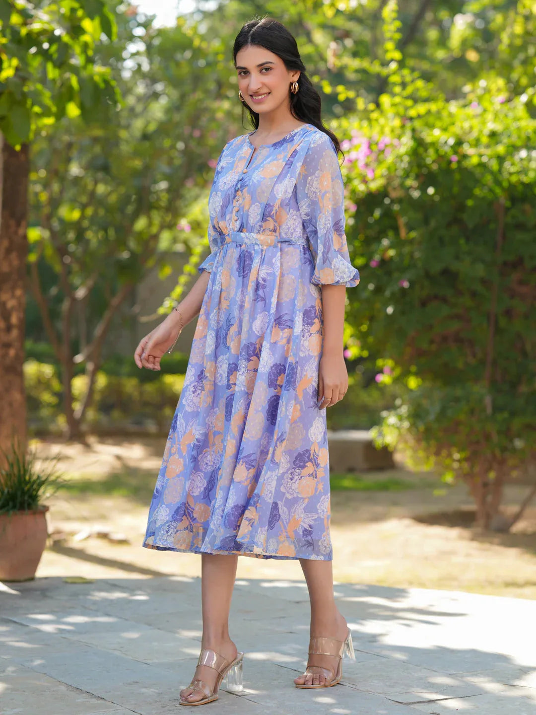Lavender Georgette Floral Printed A-Line Dress