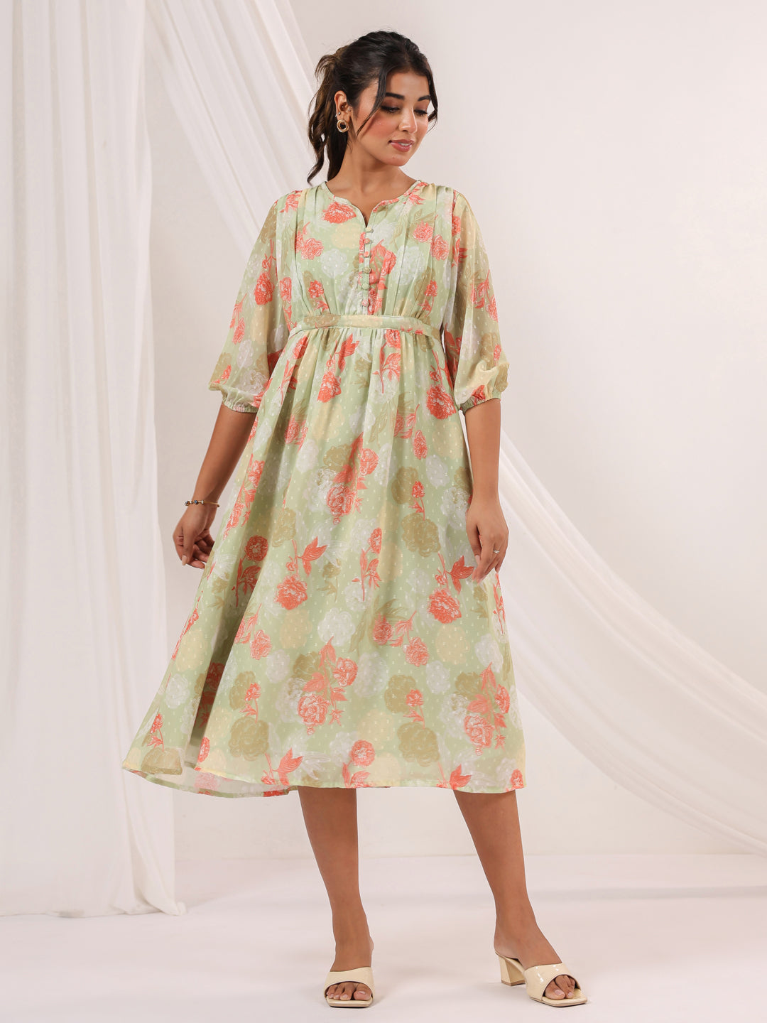 Janasya Women's Light Green Georgette Floral Printed A-line Dress - qivii