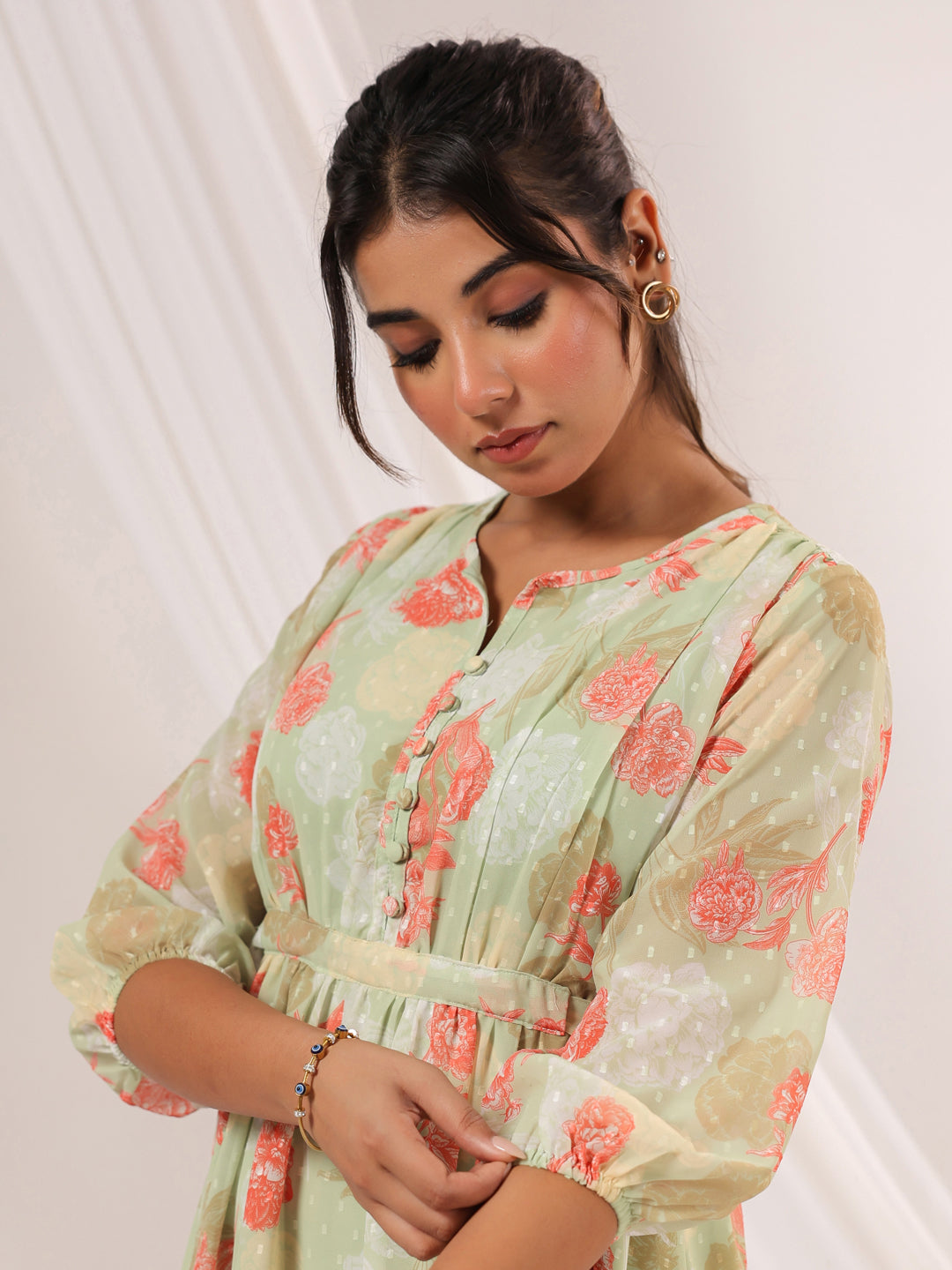 Janasya Women's Light Green Georgette Floral Printed A-line Dress - qivii