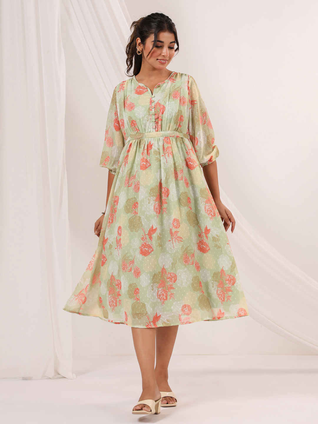 Janasya Women's Light Green Georgette Floral Printed A-line Dress - qivii