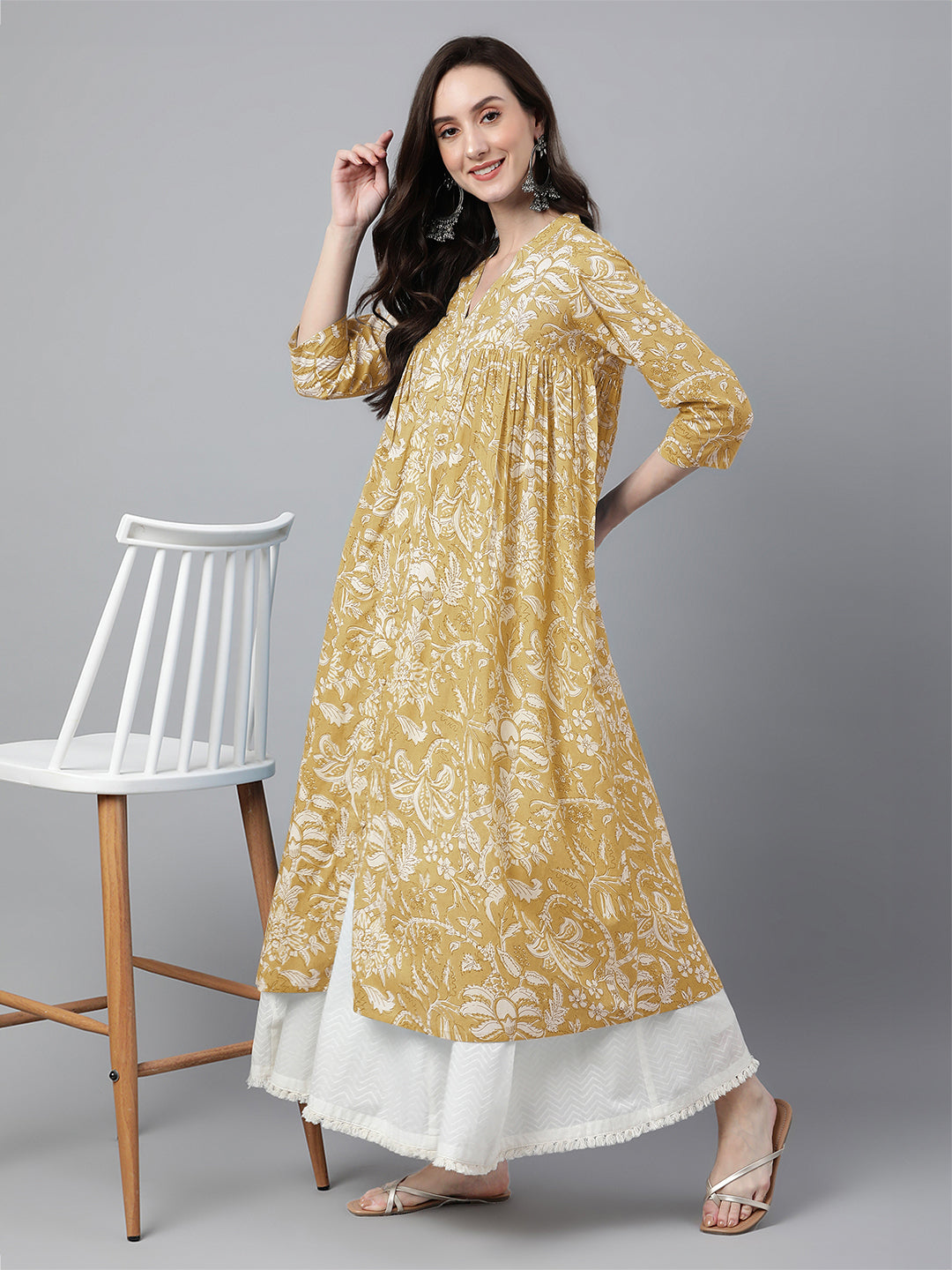 Mustard Pure Cotton Floral Printed Flared Kurta - qivii