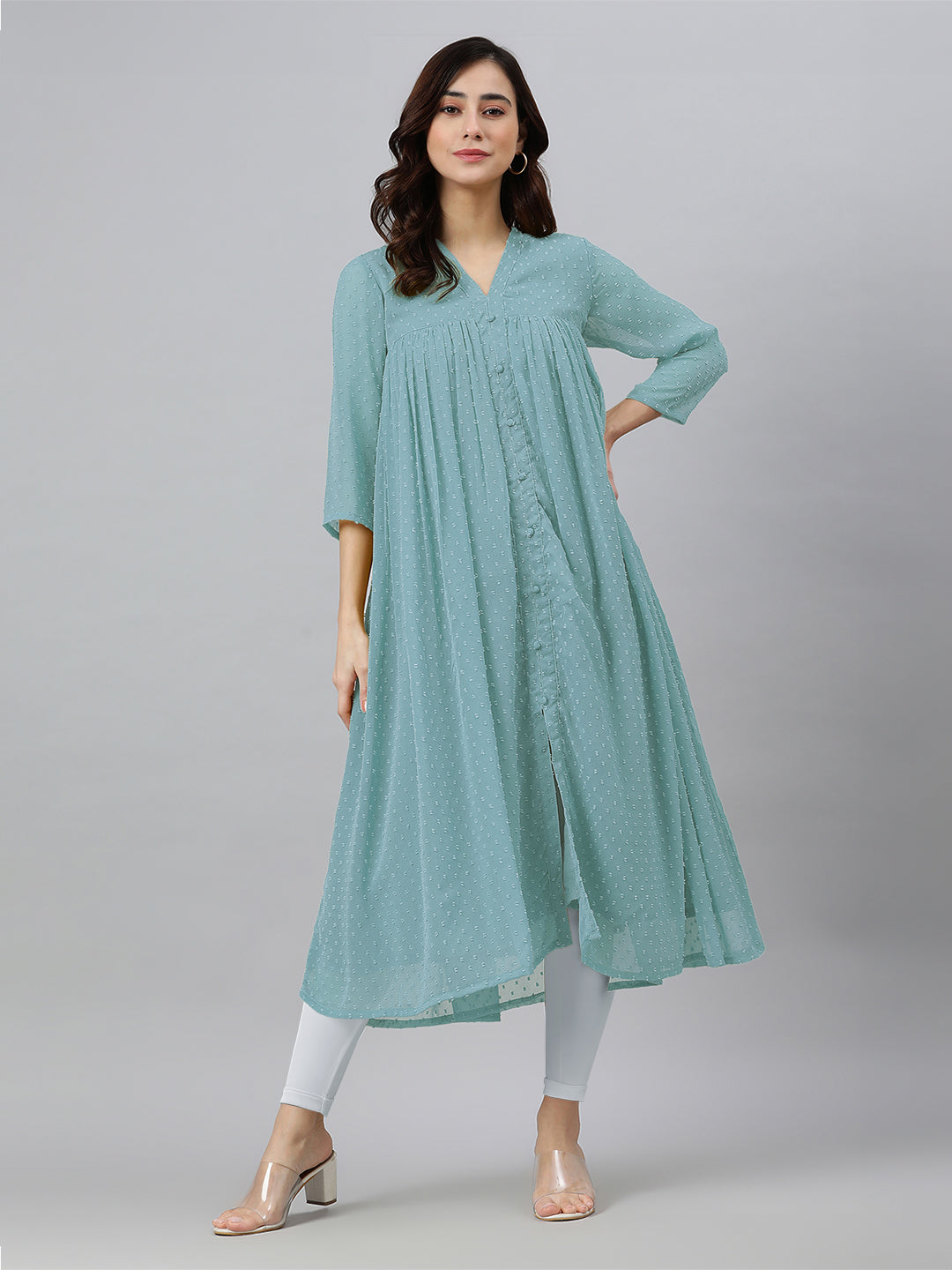 Blue Dobby Chiffon Self Design Flared Kurta - qivii