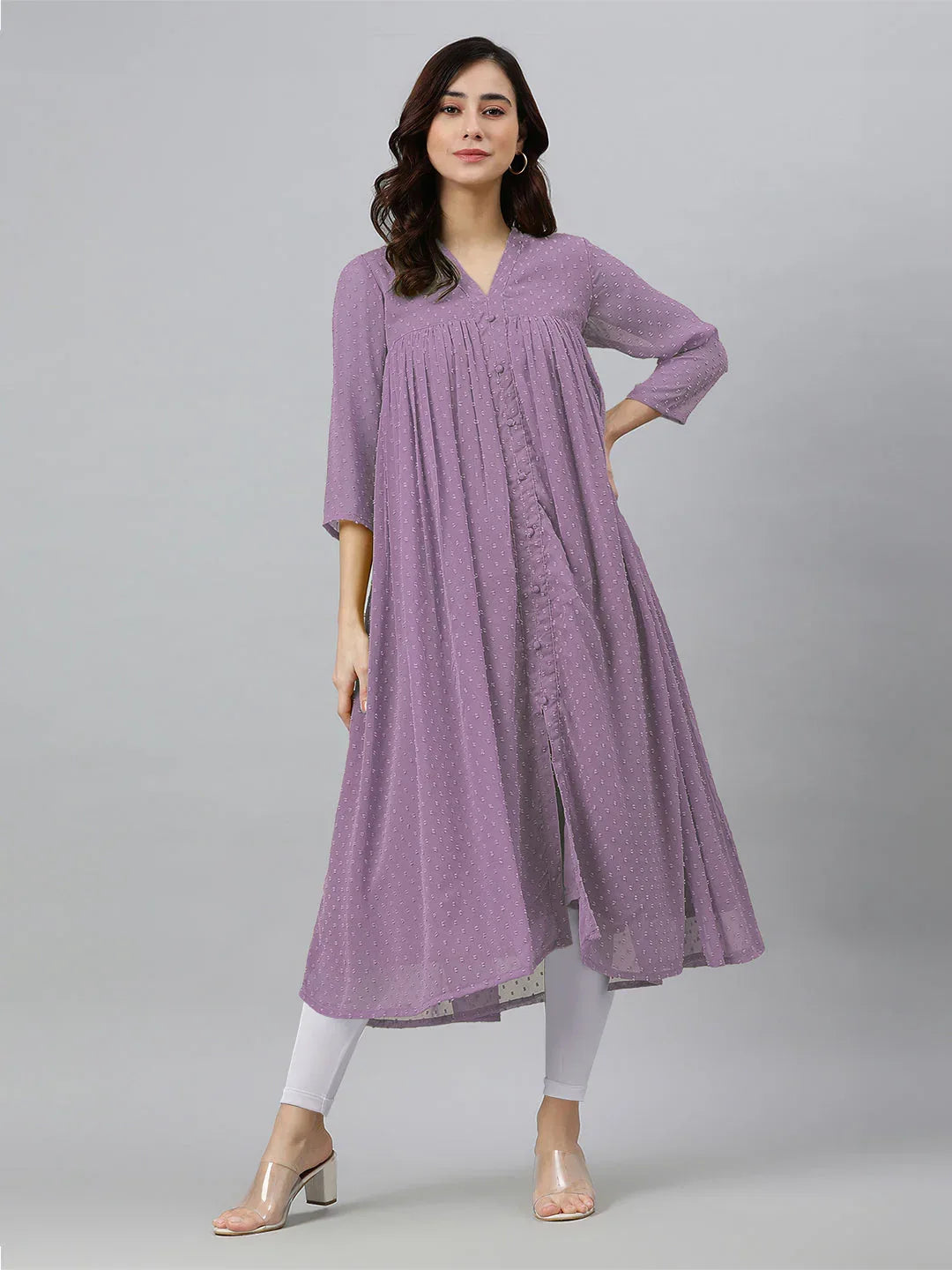 Lavender Dobby Chiffon Woven Design Front Slit Flared Kurta