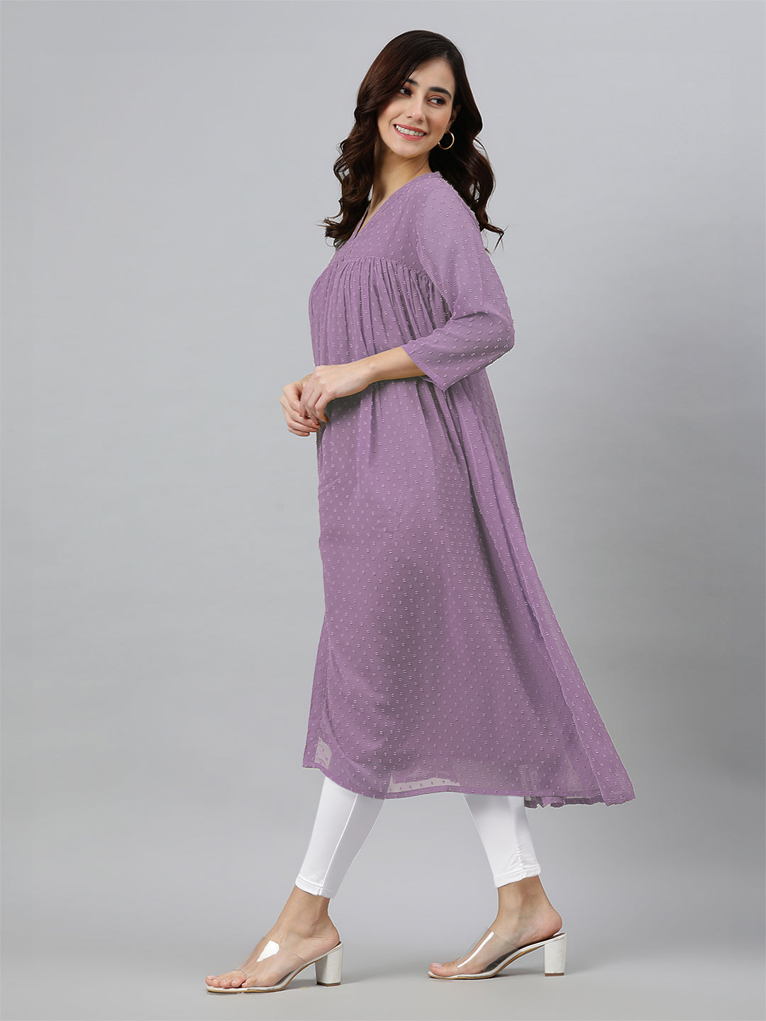 Lavender Dobby Chiffon Woven Design Front Slit Flared Kurta - qivii