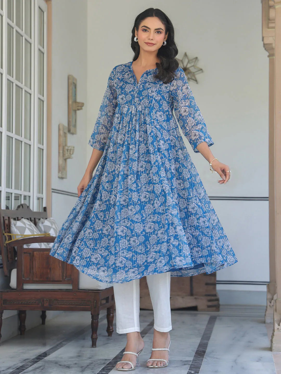 Janasya Women's Blue Chiffon Lurex Floral Printed A-line Kurta