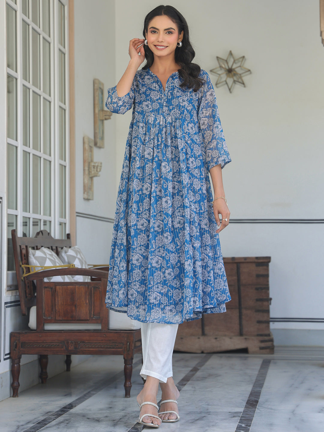 Janasya Women's Blue Chiffon Lurex Floral Printed A-line Kurta - qivii